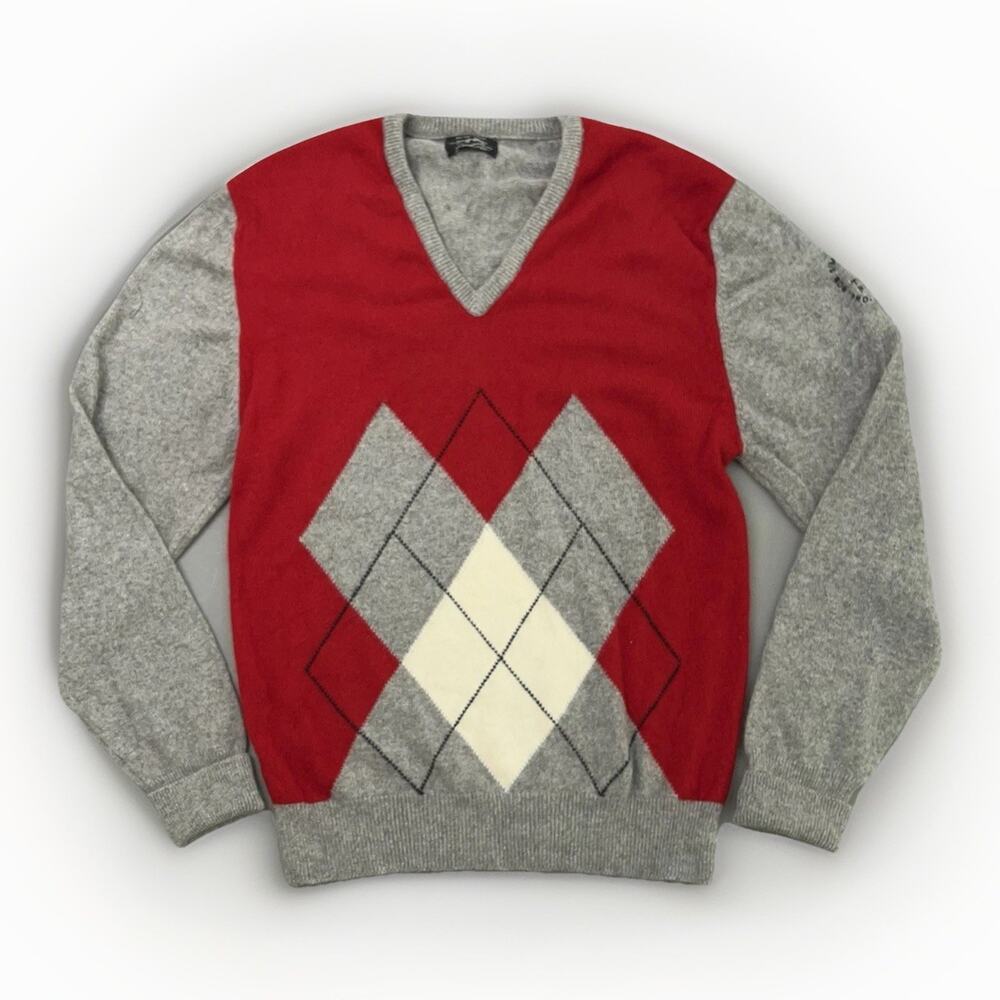 VTG Ping 100% Cashmere Sweater Mens 44 Red Grey Argyle Scotland Knit V Neck